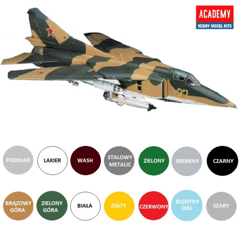 Plastikowy model samoloty MiG-27 FLOGGER D + farba podkładowa, zestaw farb, lakier, wash Plastikowy model samoloty MiG-27 FLOGGER D + farba podkładowa, zestaw farb, lakier, wash