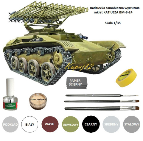 Model czołgu z wyrzytnią rakiet KATIUSZA BM-8-24 + farby, lakier, klej, pędzelki Model czołgu z wyrzytnią rakiet KATIUSZA BM-8-24 + farby, lakier, klej, pędzelki