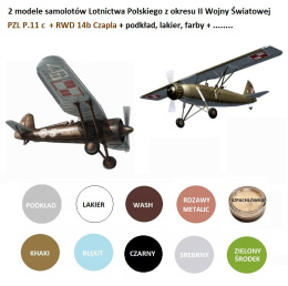 2 modele samolotów Lotnictwa Polskiego z II Wojny Światowej: RWD-14b Czapla oraz PZL P.11c + farby ......