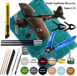 MODEL samolotu do sklejania PZL P-11c Zestaw: podkład, farby modelarskie, lakier, klej, pędzelki, taśma modelarska