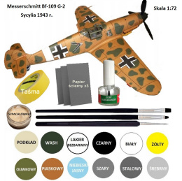 MODEL SAMOLOTU do sklejania MESSERSCHMITT Bf-109 G-2, farby, podkład, lakier, wasch, klej modelarski, pędzelki modelarskie