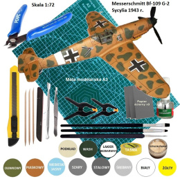MODEL SAMOLOTU do sklejania MESSERSCHMITT Bf-109 G-2, mata modelarska, farby, podkład, klej modelarski, pędzelki modelarskie