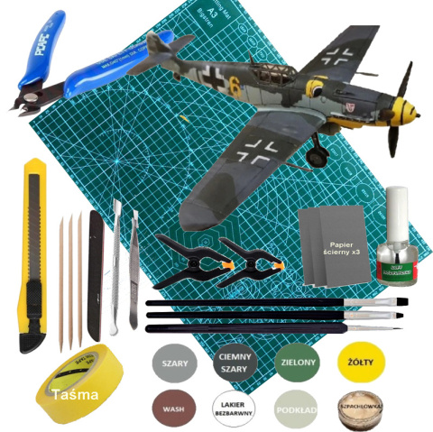 MODEL samolotu MESSERSCHMITT Bf 109 G-6 Zestaw III: mata, klej, narzędzia MODEL samolotu MESSERSCHMITT Bf 109 G-6 Zestaw III: mata, klej, narzędzia