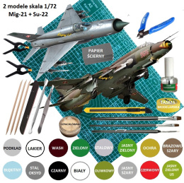 ZESTAW 2 MODELI samolotów MiG-21 oraz SU-22 Zestaw z matą, narzędziami i farbkami