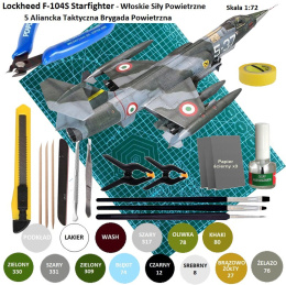 MODEL SAMOLOTU Lockheed F-104S Starfighter + mata modelarska,klej modelarski, pędzelki modelarskie, podkład, farby, lakier