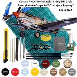 MODEL SAMOLOTU do sklejania Curtiss P-40C Tomahawk + mata modelarska, klej, farby, taśma modelarska ...