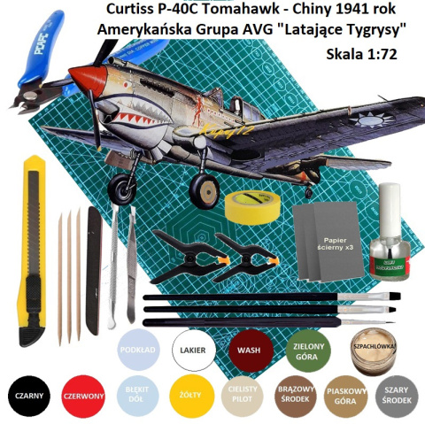 MODEL SAMOLOTU do sklejania Curtiss P-40C Tomahawk + mata modelarska, klej, farby, taśma modelarska ... MODEL SAMOLOTU do sklejania Curtiss P-40C Tomahawk + mata modelarska, klej, farby, taśma modelarska ...
