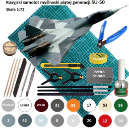 MODEL plastikowego samolotu do sklejania Su-50 + mata modelarska, farby modelarskie, klej, pędzle modelarskie,.. ZESTAW