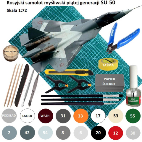 MODEL plastikowego samolotu do sklejania Su-50 + mata modelarska, farby modelarskie, klej, pędzle modelarskie,.. ZESTAW MODEL plastikowego samolotu do sklejania Su-50 + mata modelarska, farby modelarskie, klej, pędzle modelarskie,.. ZESTAW
