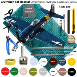 MODEL plastikowego samolotu do sklejania skala 1:48 Grumman F8F-2 Baercat + mata modelarska, klej, farby...