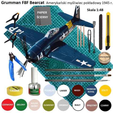 MODEL plastikowego samolotu do sklejania skala 1:48 Grumman F8F-2 Baercat + mata modelarska, klej, farby... MODEL plastikowego samolotu do sklejania skala 1:48 Grumman F8F-2 Baercat + mata modelarska, klej, farby...