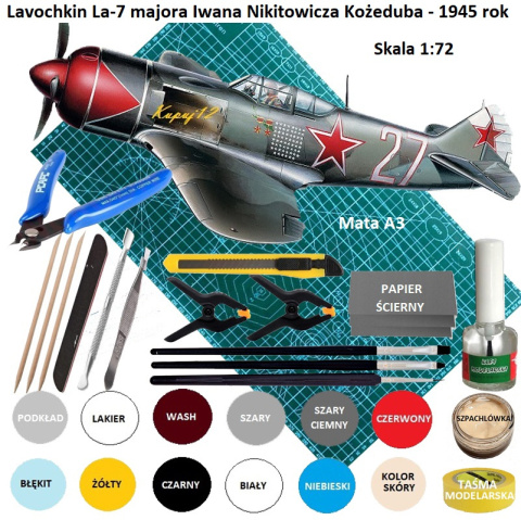 MODEL samolotu do sklejania La-7 Ła-7 + mata modelarska, farby, klej modelarski, pędzelek modelarski, nożyk modelarski .... MODEL samolotu do sklejania La-7 Ła-7 + mata modelarska, farby, klej modelarski, pędzelek modelarski, nożyk modelarski ....