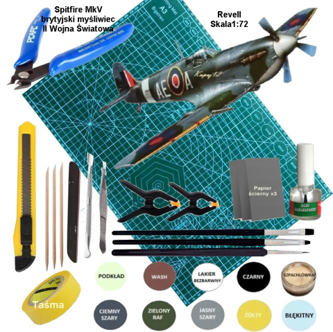 Model Samolotu do sklejania SPITFIRE Mk V Zestaw: farby, pędzle, narzędzia Model Samolotu do sklejania SPITFIRE Mk V Zestaw: farby, pędzle, narzędzia