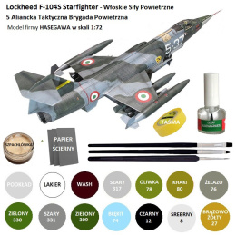 MODEL SAMOLOTU Lockheed F-104S Starfighter + klej modelarski, pędzelki modelarskie, podkład, farby, lakier, wash