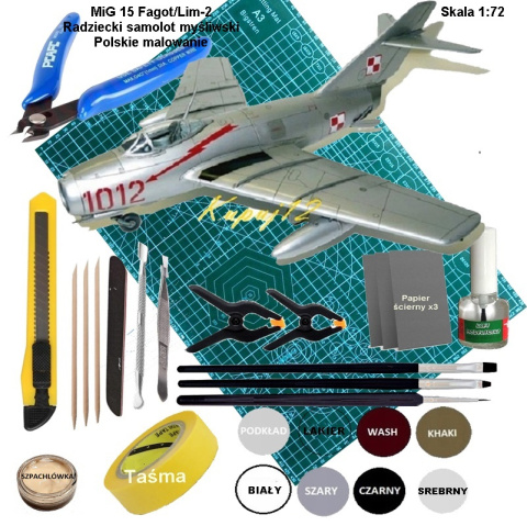 Model samolotu MiG-15 Fagot. Duży zestaw: farby, lakier klej, narzędzia Model samolotu MiG-15 Fagot. Duży zestaw: farby, lakier klej, narzędzia