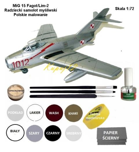 Model samolotu MiG-15 Fagot. Zestaw: podkład, farby, lakier klej, pędzelki Model samolotu MiG-15 Fagot. Zestaw: podkład, farby, lakier klej, pędzelki