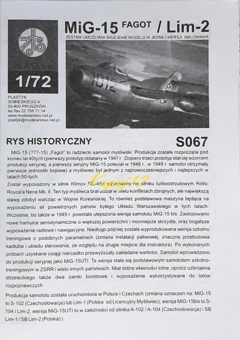 Model samolotu MiG-15 Fagot. Zestaw: podkład, farby, lakier klej+pędzelki Model samolotu MiG-15 Fagot. Zestaw: podkład, farby, lakier klej+pędzelki