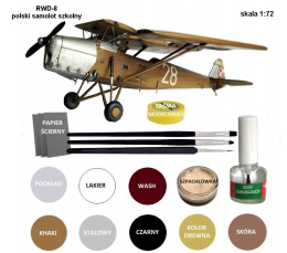 Model samolotu RWD-8 Zestaw: podkład, farby, lakier, wash, klej, pędzle