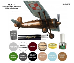 MODEL samolotu do sklejania PZL P-11c Zestaw: podkład, farby modelarskie, lakier, klej, pędzelki, taśma modelarska