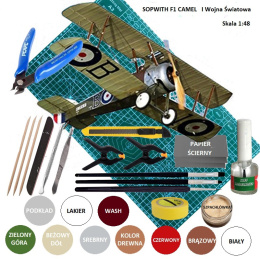 MODEL plastikowego samolotu do sklejania SOPWITH CAMEL + mata modelarska, podkład, farby, klej.....
