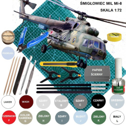 MODEL do sklejania helikoptera śmigłowca MIL Mi-8 + mata modelarska, klej, podkład, farby modelarskie, lakier, wash do zabrudzeń