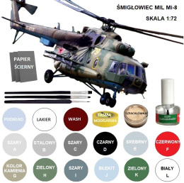 MODEL do sklejania helikoptera śmigłowca MIL Mi-8 + klej, podkład, farby modelarskie, lakier modelarski, wash do zabrudzeń....