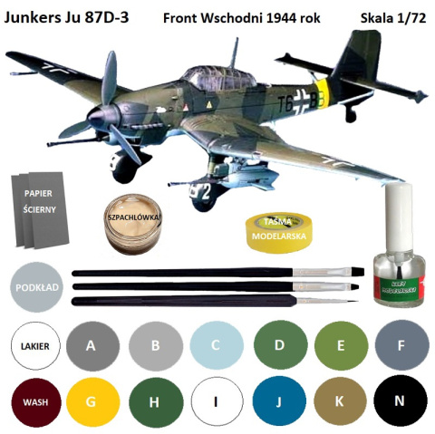MODEL plastikowego samolotu Junkers Ju 87 G/D Stuka, farby, klej modelarski wamod, pędzelek modelarski, taśma modelarska MODEL plastikowego samolotu Junkers Ju 87 G/D Stuka, farby, klej modelarski wamod, pędzelek modelarski, taśma modelarska