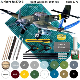 MODEL plastikowego samolotu Junkers Ju 87 G/D Stuka, mata modelarska samogojąca, klej modelarski wamod, pędzelek modelarski