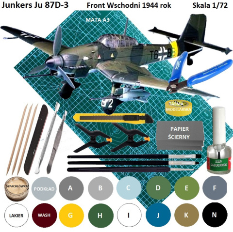 MODEL plastikowego samolotu Junkers Ju 87 G/D Stuka, mata modelarska samogojąca, klej modelarski wamod, pędzelek modelarski MODEL plastikowego samolotu Junkers Ju 87 G/D Stuka, mata modelarska samogojąca, klej modelarski wamod, pędzelek modelarski