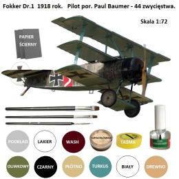 MODEL samolotu do sklejania skala 1:72 Fokker Dr.1a + farby, klej, pędzle modelarskie, podkład modelarski....