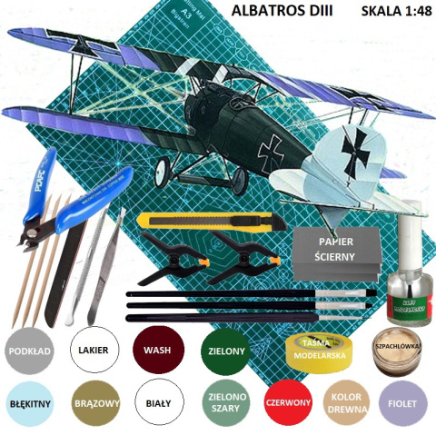 MODEL samolotu Albatros DIII + mata, farby, lakier,klej, wash, taśma..... MODEL samolotu Albatros DIII + mata, farby, lakier,klej, wash, taśma.....