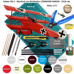 MODEL samolotu Fokker Dr.1 RED BARON + mata modelarska A3, klej do modeli plastikowych, pędzel modelarski ....DUŻY ZESTAW.....