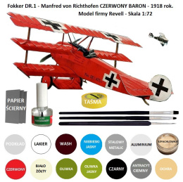 MODEL samolotu Fokker Dr.1 RED BARON + farba do modeli, klej do modeli, pędzelki do modeli, szpachlówka do modeli + taśma model