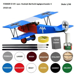 MODEL samolotu do sklejania FOKKER D-VII. + podkład modelarski, farby, kle modelarski, pędzle, taśma modelarska........