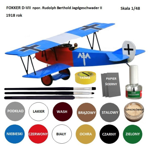 MODEL samolotu do sklejania FOKKER D-VII. + podkład modelarski, farby, kle modelarski, pędzle, taśma modelarska........ MODEL samolotu do sklejania FOKKER D-VII. + podkład modelarski, farby, kle modelarski, pędzle, taśma modelarska........