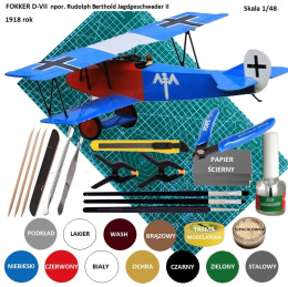 MODEL samolotu do sklejania FOKKER D-VII. + mata modelarska, podkład, farby, klej modelarski, pędzle, taśma modelarska......