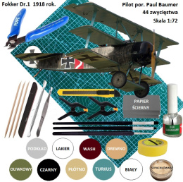MODEL samolotu skala 1:72 Fokker Dr.1a + mata modelarska samogojąca, klej do modeli, pędzelek modelarski 3 szt.......