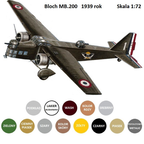 MODEL plastikowego samolotu do sklejania Bloch MB.200 + farbki modelarskie, podkład, lakier, wash. Zestaw modelarski MODEL plastikowego samolotu do sklejania Bloch MB.200 + farbki modelarskie, podkład, lakier, wash. Zestaw modelarski