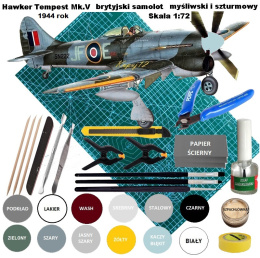 MODEL plastikowego samolotu do sklejania Hawker Tempest Mk.V, mata samogojąca A3, farby do modeli, pędzle do modeli. DUŻY ZESTAW