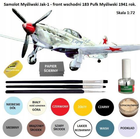 MODEL plastikowego samolotu do sklejania Jak-1 + klej modelarski, pędzelki modelarskie, podkład, farby, lakier..ZESTAW STARTOWY. MODEL plastikowego samolotu do sklejania Jak-1 + klej modelarski, pędzelki modelarskie, podkład, farby, lakier..ZESTAW STARTOWY.