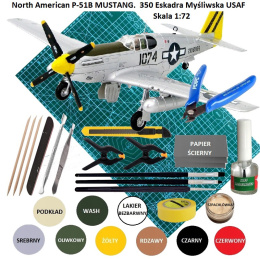 MODEL plastikowy do sklejania P-51B MUSTANG, mata modelarska samogojąca A3, klej do modeli, farby... ZESTAW DLA NOWEGO MODELARZA