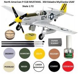 MODEL plastikowy do sklejania P-51B MUSTANG, klej do modeli, farby do modeli, lakier, 3 pędzelki do modeli +.. ZESTAW MODELARZA
