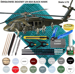 MODEL do sklejania śmigłowca UH-60A Black HAWK, mata A3, klej, podkład, farby, 3 pędzelki, taśma modelarska.. ZESTAW NA START