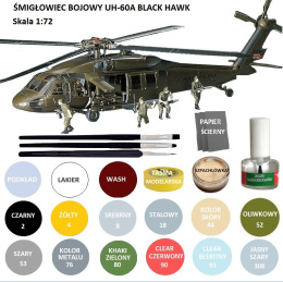 MODEL plastikowy do sklejania śmigłowca UH-60A Black HAWK, klej, podkład, farby, 3 pędzelki, taśma modelarska.. ZESTAW NA START
