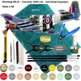 MODEL samolot do sklejania MUSTANG Mk. III Zestaw: mata modelarska samogojąca A3, farby do modeli, klej modelarski, pędzelki..