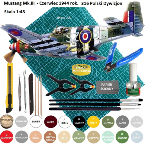 MODEL samolot do sklejania MUSTANG Mk. III Zestaw: mata modelarska samogojąca A3, farby do modeli, klej modelarski, pędzelki.. MODEL samolot do sklejania MUSTANG Mk. III Zestaw: mata modelarska samogojąca A3, farby do modeli, klej modelarski, pędzelki..