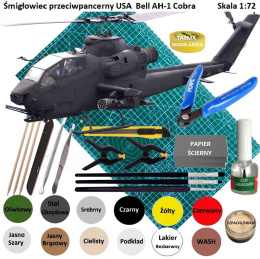 MODEL śmigłowca Bell AH-1 Cobra 1:72 + mata, klej modelarski, farba, pędzle... ZESTAW STARTOWY DLA POCZĄTKUJĄCEGO MODELARZA