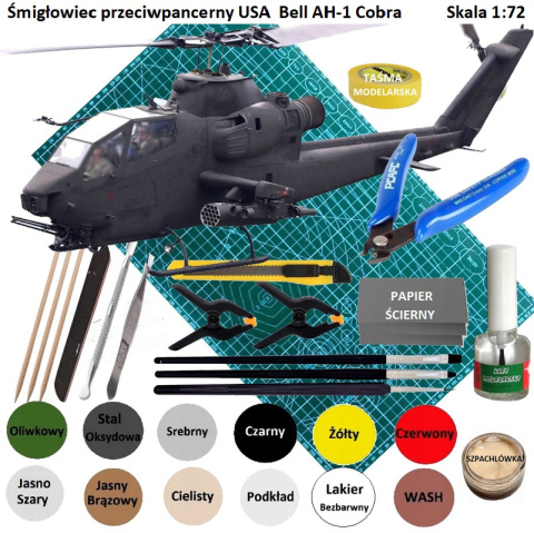 MODEL śmigłowca Bell AH-1 Cobra 1:72 + mata, klej modelarski, farba, pędzle... ZESTAW STARTOWY DLA POCZĄTKUJĄCEGO MODELARZA MODEL śmigłowca Bell AH-1 Cobra 1:72 + mata, klej modelarski, farba, pędzle... ZESTAW STARTOWY DLA POCZĄTKUJĄCEGO MODELARZA