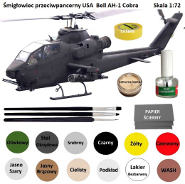 MODEL śmigłowca Bell AH-1 Cobra 1:72 + klej modelarski, farba, lakier, pędzle... ZESTAW STARTOWY DLA POCZĄTKUJĄCEGO MODELARZA
