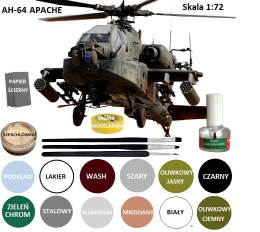 MODEL śmigłowca helikoptera Apache AH-64A + klej do modeli, pędzelki do modeli, farba do modeli ... ZESTAW MODELARSKI NA START